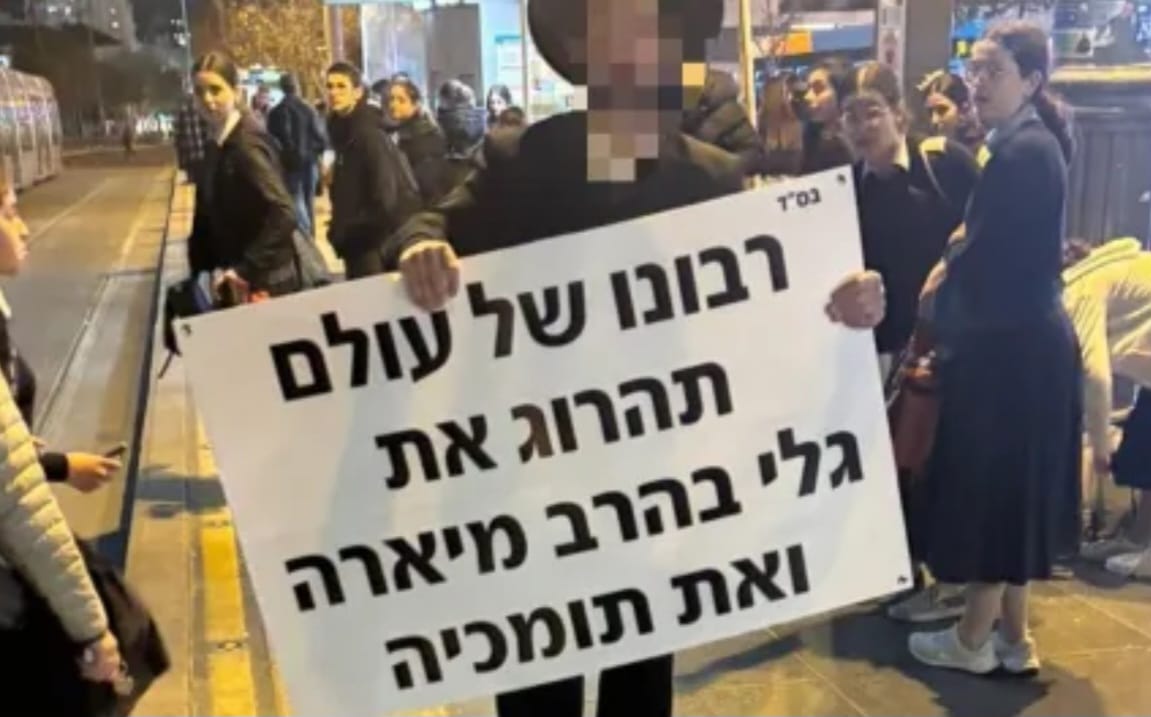 החשוד אשר הניף את השלט המסית כלפי גלי בהרב-מיארה. צילום: לפי סעיף א'27 לחוק